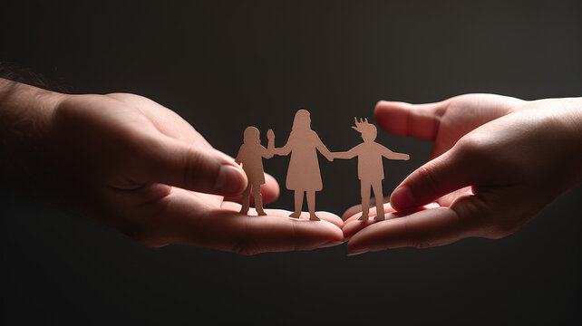 Adult and children hands holding paper family cutout fami 
