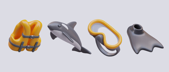 Collection with life vest, glasses and fin, realistic killer whale on gray background. Sea ​​exploration, excursion to sea inhabitants. Vector illustration in 3d style