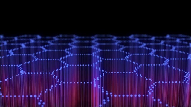 Abstract technology colors hexagon grid with motion dots and lines. Dark cyberspace in digital background. Dynamic cyber hexagon mesh. Medical backdrop. Futuristic wireframe texture. 3D rendering.