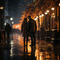 couple at night, lover walking on the street in front of some Christmas trees 01
