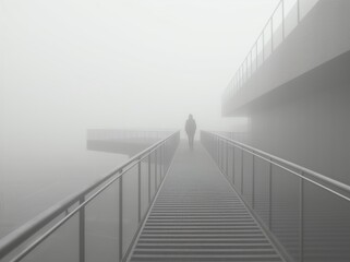 Misty staircase covered in fog, captured from a high angle. Glitchy, surrealistic digital art with ethereal mist. Moody, mysterious, and dreamlike atmosphere.