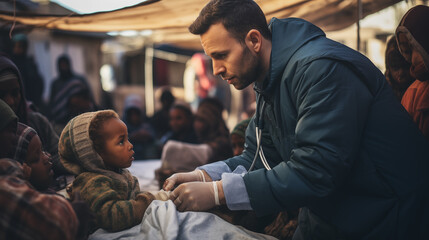 Volunteer doctors provide medical care to refugee children on the hot streets of the refugee camp