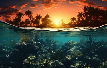 Vibrant underwater sunset in a tropical paradise. Sharp focus, rich colos. Captivating beauty of the underwater world.