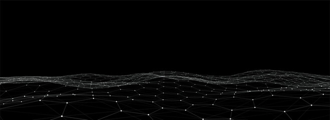 Abstract technology hexagon wave with motion dots and lines. Dark cyberspace in digital background. Dynamic cyber hexagon mesh. Medical backdrop. Futuristic wireframe texture. 3D rendering. - obrazy, fototapety, plakaty