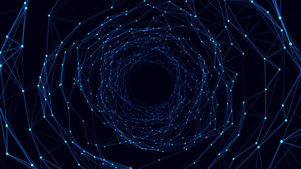 Obraz premium Futuristic vector sci-fi circle portal in space. 3D ai tunnel with dots and lines. Abstract digital wormhole data. Flow particle by funnel. Fantasy circle vortex on dark background.