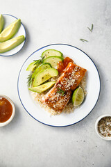 Roasted teriyaki salmon with avocado