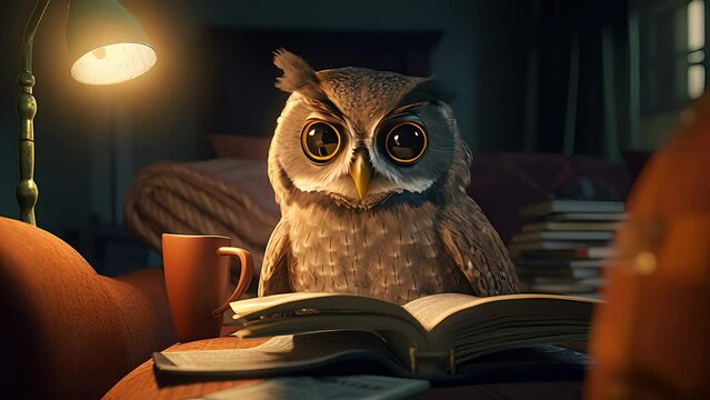 owl reading book on sofa. Created with Generative AI.	
