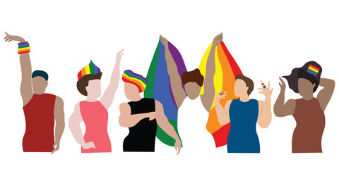 Group of transgender women in different style,posture,and skin colour with LGBTQ+ decorative object and flag. Vector illustration for equality and diversity celebration concept