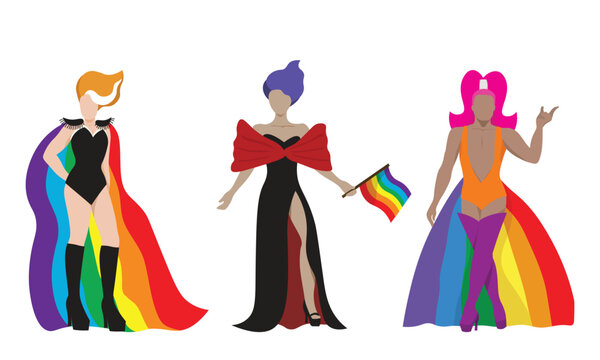 Three gorgeous drag queens with colorful rainbow cape for LGBTQ+ concept and for equality and diversity supporting. Vector illustration flat charactor on white background