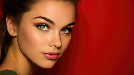 Fototapeta premium Attractive woman with captivating green eyes, against a striking red background. Vibrant colors and intense gaze make this portrait alluring and eye-catching. Perfect for fashion
