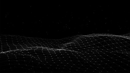 Dark cyberspace in digital background. Abstract vector technology wave with motion glowing dots and lines. Connection big data. Futuristic wireframe texture. Analysis a network connection.