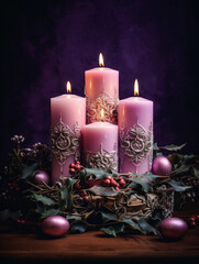 Advent candle wreath with four candles, three purple and one pink, surrounded by evergreen branches and Christmas ornaments