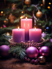 Advent candle wreath with four candles, three purple and one pink, surrounded by evergreen branches and Christmas ornaments