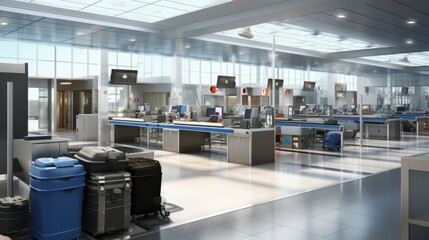 Airport security checkpoint with diligent security officers in uniforms conducting efficient passenger screening and baggage inspection. Sense of safety and efficiency - obrazy, fototapety, plakaty