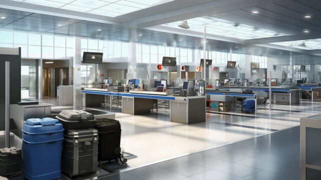 Airport security checkpoint with diligent security officers in uniforms conducting efficient passenger screening and baggage inspection. Sense of safety and efficiency