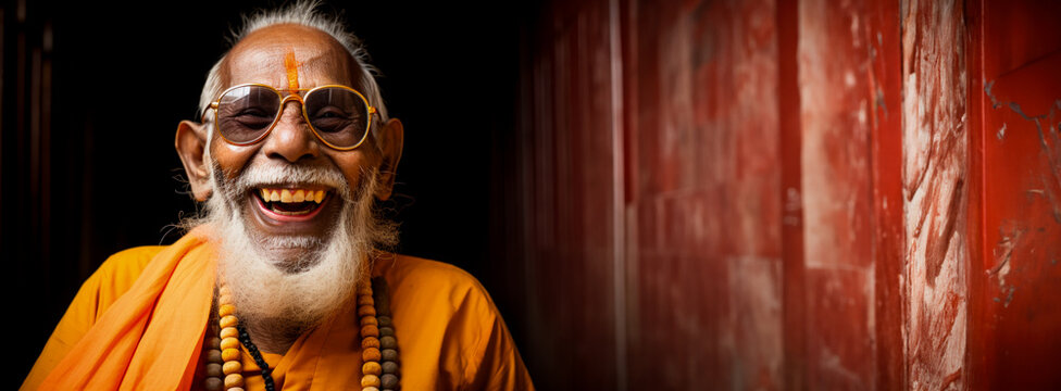 Joyful elderly Brahmin appears wise exuding a sense of freedom 