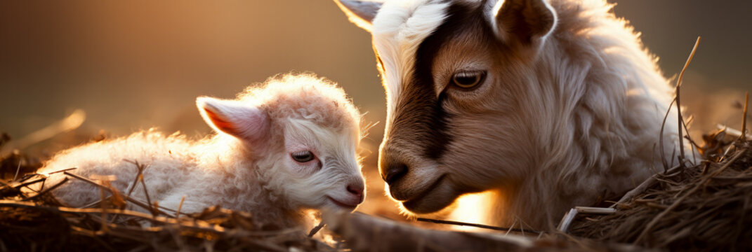 Mother goat tenderly nurtures her adorable playful baby kid 