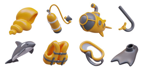 Set with realistic equipment for diving. Killer whale, yellow submarine, kit for underwater swimming, and realistic marine underwater twisted shell and life jacket. Vector illustration in 3d style