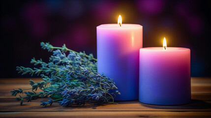 three scented candles: lavender, vanilla, and eucalyptus, burning softly on a rustic wooden table against a midnight blue background
