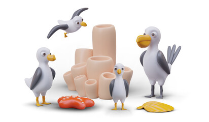 Vector marine scene with 3D elements. Seagulls and albatross forage among corals. Hunting for shellfish and starfish. Seabirds inspect shore. Funny web design