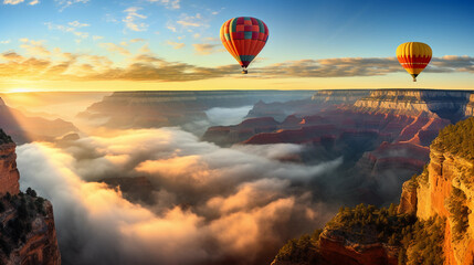 Grand Canyon, several hot air balloons taking off