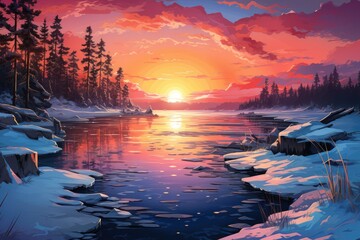 Frozen Lake Sunsets - Generative AI - obrazy, fototapety, plakaty