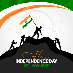 Happy Republic day concept banner, 26 January, national holiday of India, Indian flag, Indian army soldier doing flag hoisting on top of mountain
