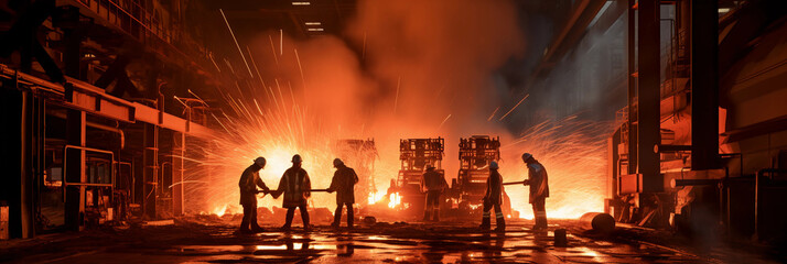 Steel mill factory, molten metal pouring, red and orange hues, workers in safety gear, industrial atmosphere