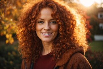 Smiling young curly redhead attractive mature woman posing at a beautiful garden looking at the camera during late autumn sunset with a sun flares in the background, surrounded by friends and relative