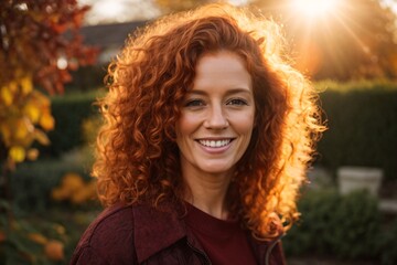 Smiling young curly redhead attractive mature woman posing at a beautiful garden looking at the camera during late autumn sunset with a sun flares in the background, surrounded by friends and relative