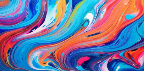 Abstract marbled acrylic paint ink painted waves painting texture colorful background banner - Bold colors, rainbow color swirls wave - obrazy, fototapety, plakaty