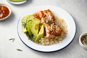 Roasted teriyaki salmon with avocado