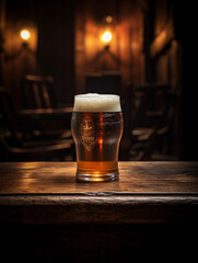 Vintage-inspired, ultra-realistic image of a dark, frothy stout in a pint glass, sitting atop an old oak barrel in a dimly lit pub - obrazy, fototapety, plakaty
