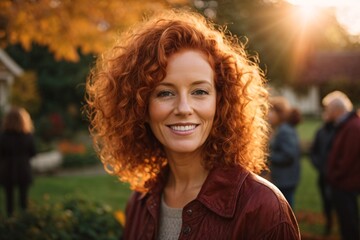 Smiling young curly redhead attractive mature woman posing at a beautiful garden looking at the camera during late autumn sunset with a sun flares in the background, surrounded by friends and relative
