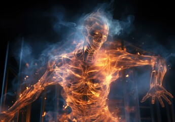 Virtual reality image with hyper-realistic skeleton like monster in flames