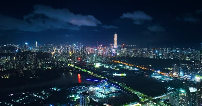 Aerial shot of the bustling downtown skyline in Shenzhen, Guangdong Province, China