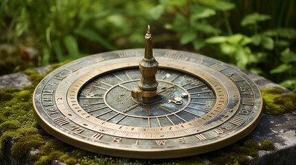 an antique brass sundial adorned with weathered Roman numerals - obrazy, fototapety, plakaty