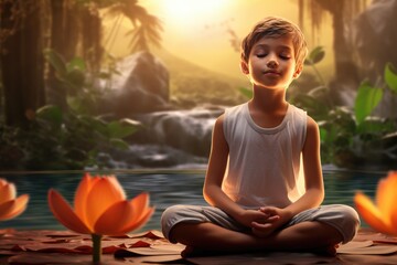 Fototapeta premium Young Child Practicing Lotus Position for Attentiveness and Concentration