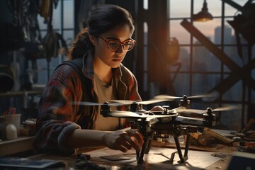 Woman Engineer Concentrating on Refining Drone Software for Improved Precision and Performance - obrazy, fototapety, plakaty