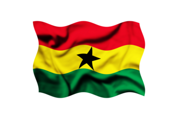 The flag of Ghana is waving in the wind on a transparent background. 3d rendering. Clipping path included
