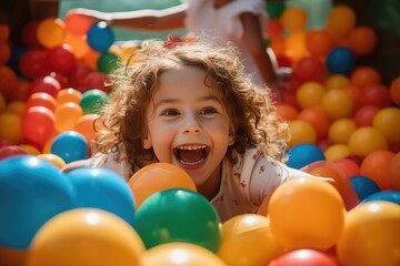 Fototapeta na wymiar Joyful Child Having Fun and Playing in a Soft Ball Pit in a Colorful Playroom