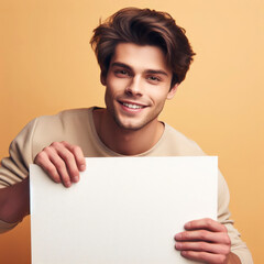 Happy young man holding blank white banner sign isolated studio portrait on color background. ai generative