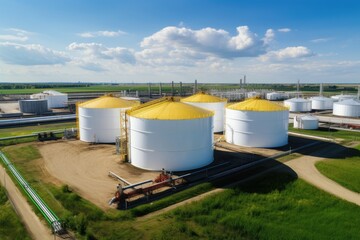 Tank farm with rows of oil storage tanks.