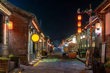 Fototapeta na wymiar Night View of Old Street in Suocheng City, Yantai, Shandong, China