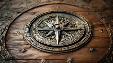 Fototapeta na wymiar an antique compass rose intricately engraved on a weathered ship's deck