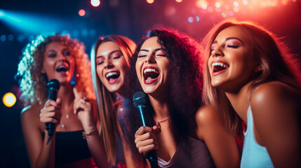 several friends singing karaoke into a microphone