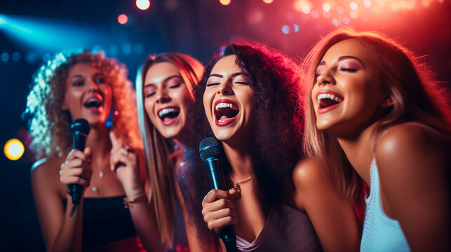 several friends singing karaoke into a microphone