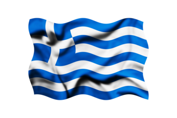 The flag of Greece is waving in the wind on a transparent background. 3d rendering. Clipping path included