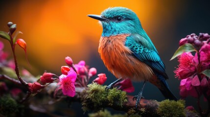 A small bird with bright plumage sits on a branch. National Bird Day concept