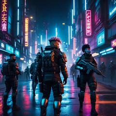 cyberpunk soldiers in parade Cyborg military army patrolling at night with futuristic Weapon gadgets and tactical outfit on the dystopian streets sci fi robot with gun in neon city night life
